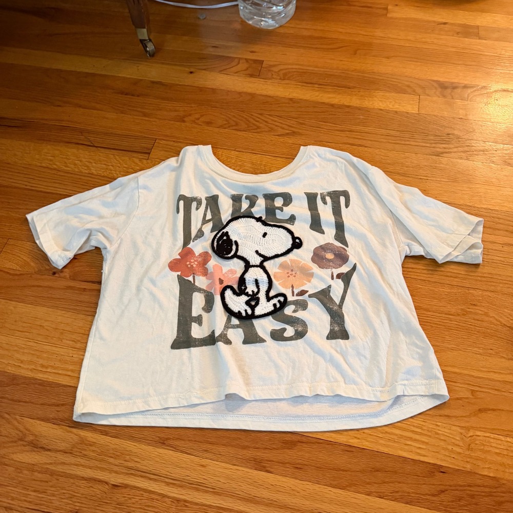 Peanuts Snoopy Take It Easy Graphic Crop T-Shirt Size Large White Floral Cotton